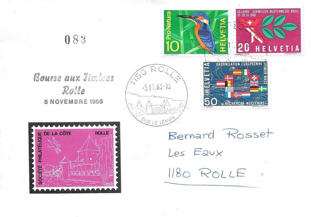 Enveloppe de la première bourse aux timbres organisée par la Société philatélique de La Côte. Oblitération touristique Rolle sur le Léman, du samedi 5 novembre 1966.