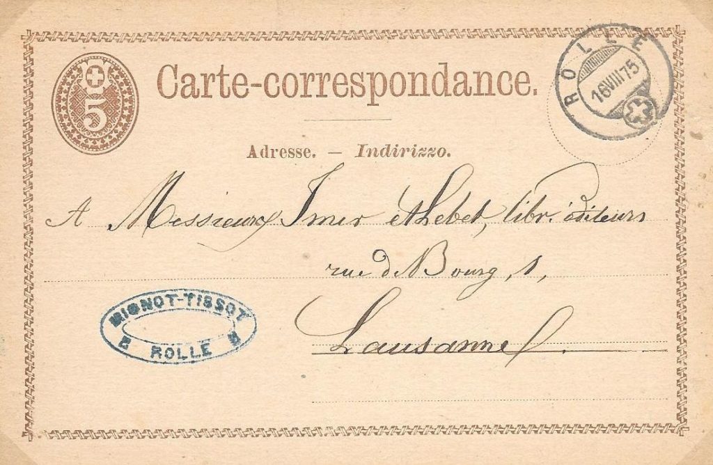 Carte correspondance du 16 août 1875. Envoi de Tissot à Rolle vers Lausanne.